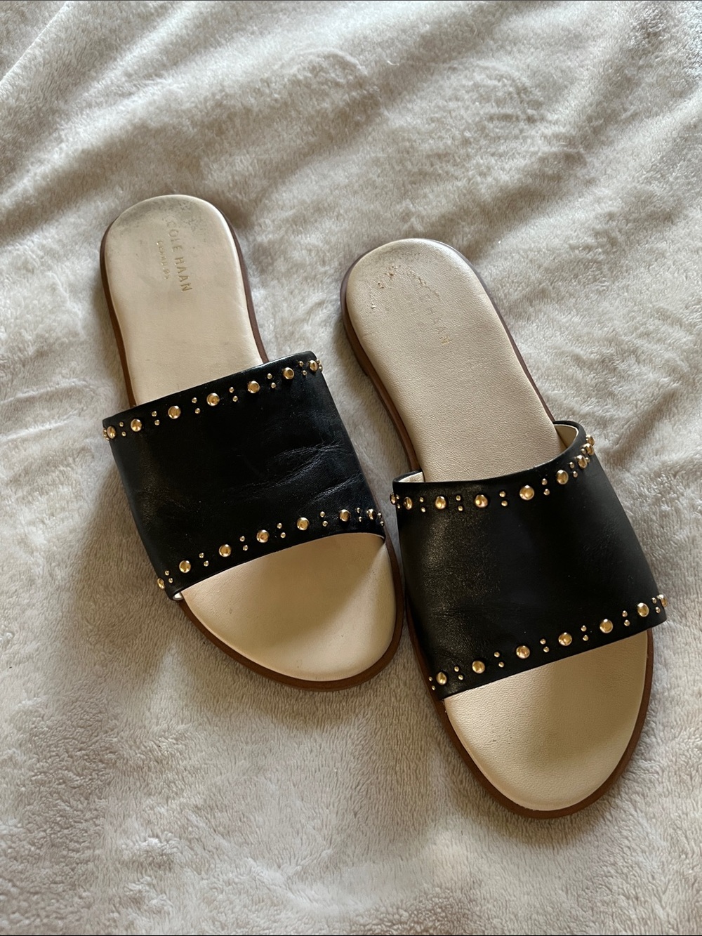 Cole Haan Black Leather Slide Sandals with Gold Studs